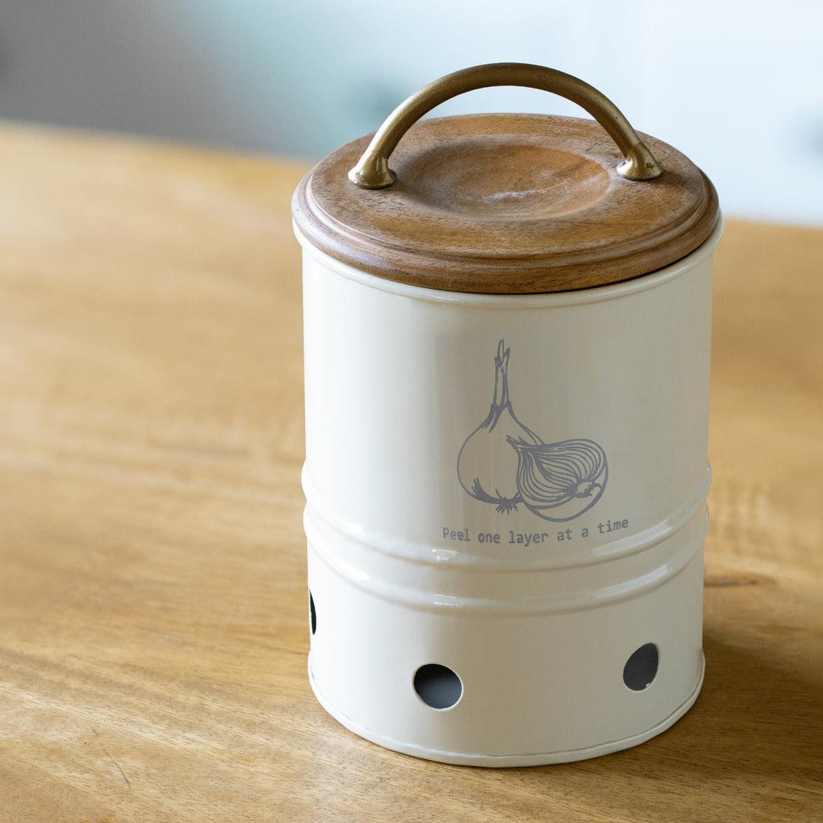 Egg Shell Metal Onion Storage Bin With Wooden Lid - Image 3