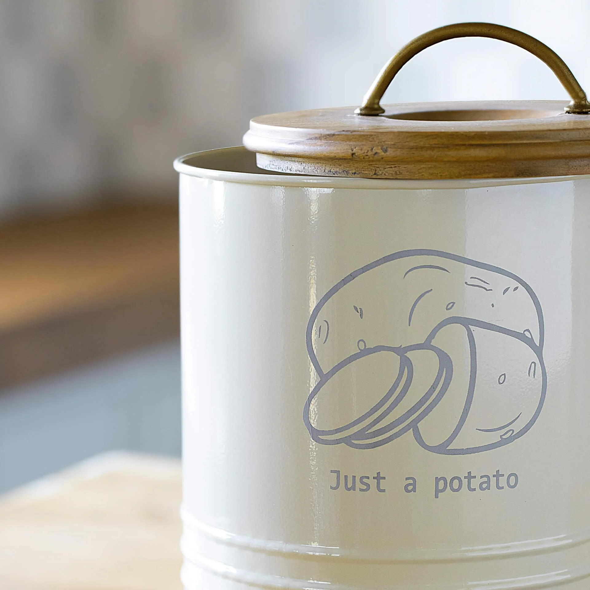 Egg Shell Metal Potato Storage Bin With Wooden Lid - Image 3