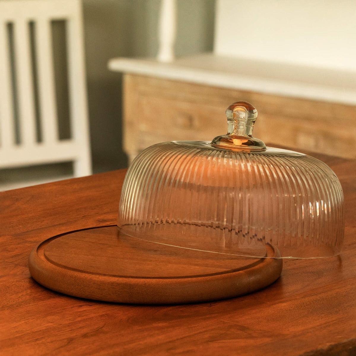 Fluted Glass Cloche With Wooden Base - Image 3