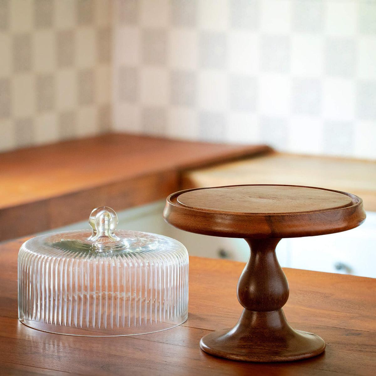 Fluted Glass Cloche With Wooden Stand - Image 3