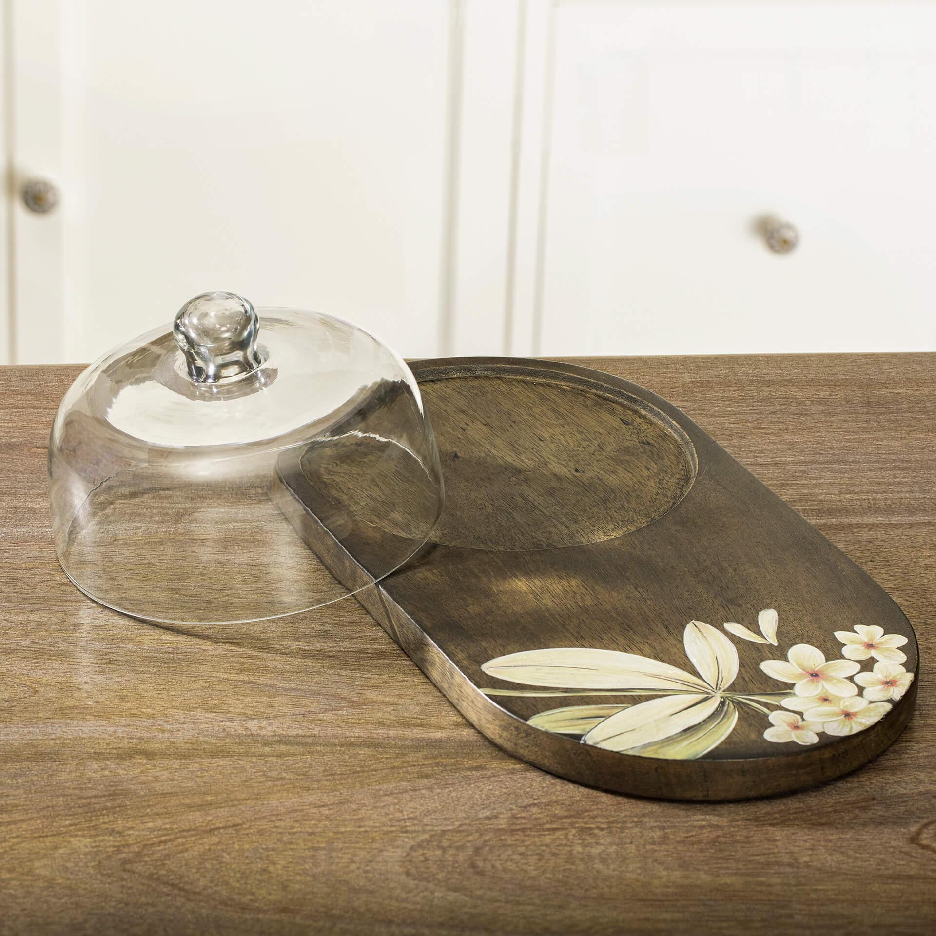 Frangipani Glass Cloche with Wooden Platter - Image 3