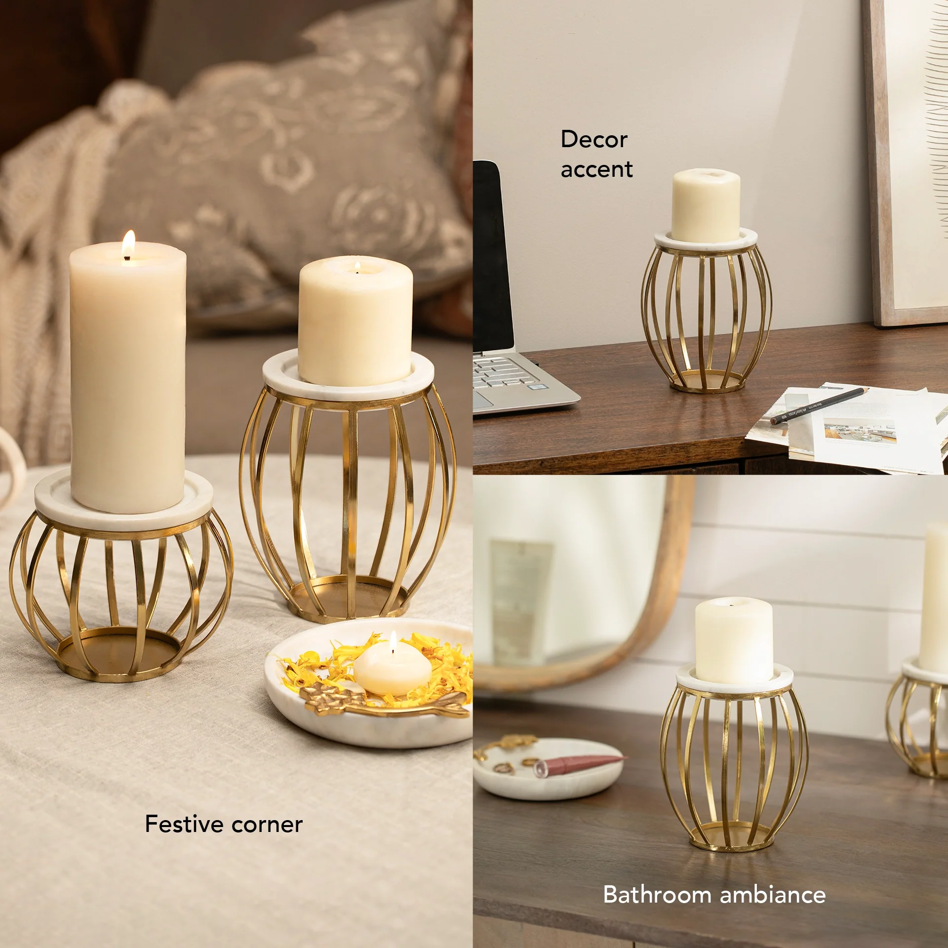 Weave Marble & Metal Pillar Candle Holder- Large - Image 3