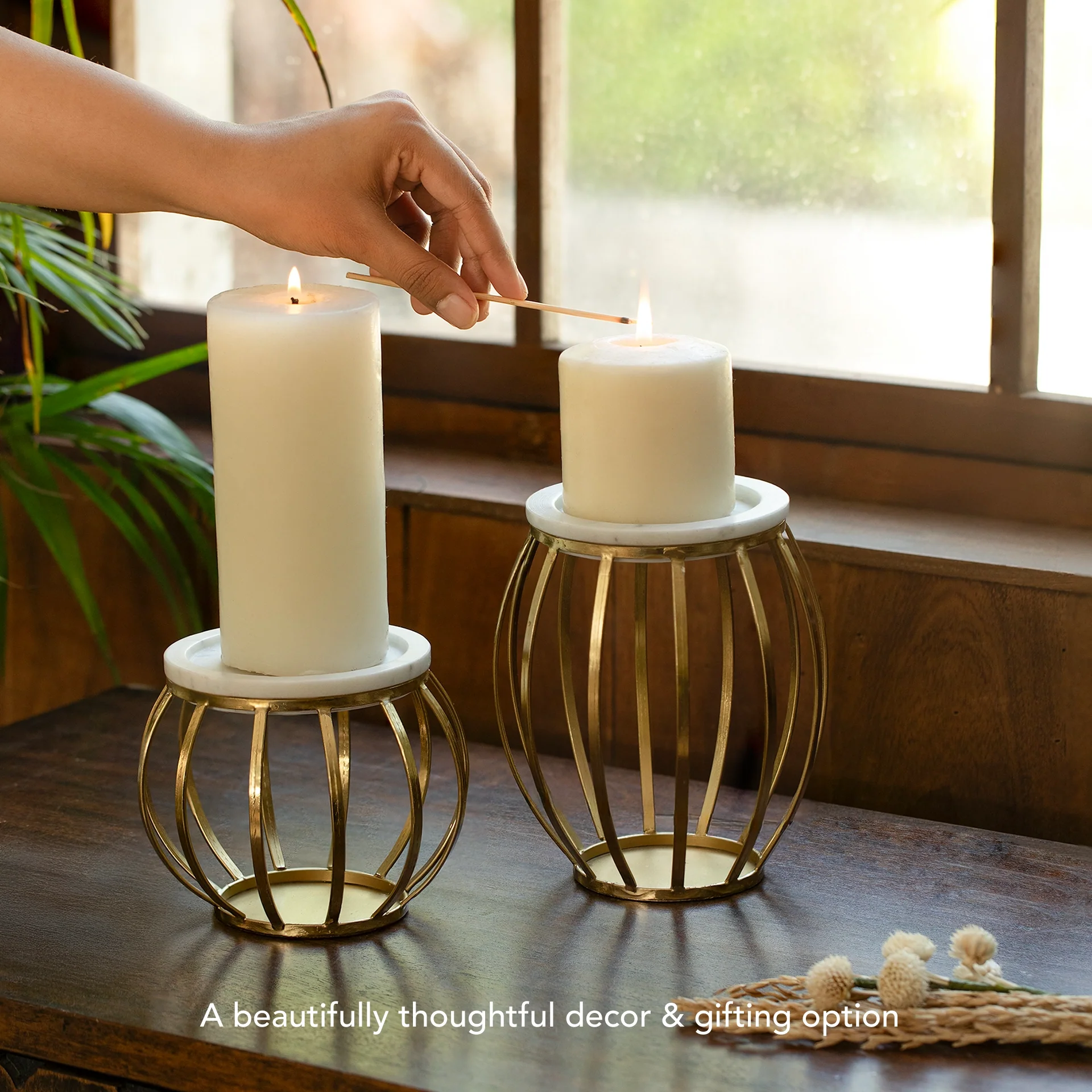 Weave Marble & Metal Pillar Candle Holder- Large - Image 4